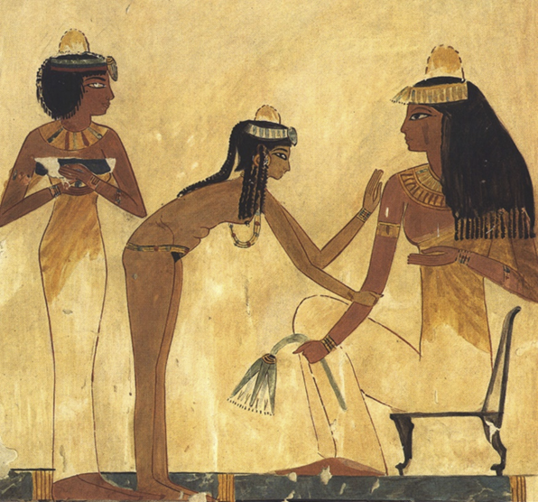 Сидящая женщина с двумя служанками. 1920-1921 гг. н.э; оригинал: Новое царство; около 1400-1390 гг. до н.э. Материал: бумага; темпера. Эта картина-факсимиле копирует деталь сцены банкета в гробнице Джезеркарасенеба в Фивах. Здесь изображена женщина; сидящая на низком стуле и готовящаяся к празднеству с помощью двух слуг. Похожий стул был обнаружен перед могилой женщины по имени Хатнефер.