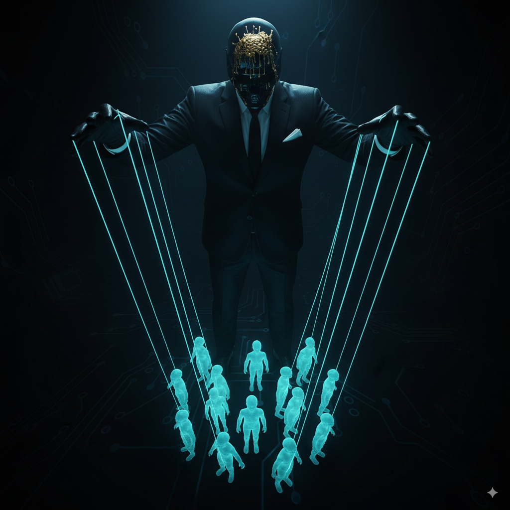 Визуализация, созданная автором. Архитектура контроля. Это не просто метафора, это — визуализация его метода. Цифровое поле боя вместо сцены. Армия безликих адептов вместо людей. И один кукловод, обладающий полным, почти божественным контролем над своей сетью.