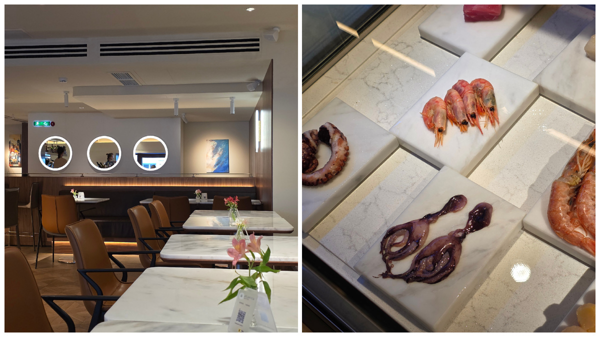 второй этаж и ветрина в морепродуктами на первом