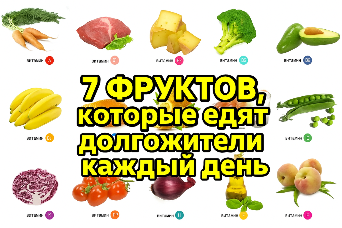 "Продукты с витаминами для здоровья и долголетия: морковь, мясо, сыр, брокколи, авокадо, бананы, рыба, апельсины, яйца, молоко, зелёный горошек, капуста, помидоры, лук, масло, персики. Полезные овощи, фрукты и ягоды для укрепления иммунитета и стройности."

Ключевые слова (для текста рядом с изображением):
здоровое питание, витамины в продуктах, овощи и фрукты, продукты для долголетия, продукты богатые витаминами, правильное питание, какие фрукты есть каждый день, продукты для похудения. 