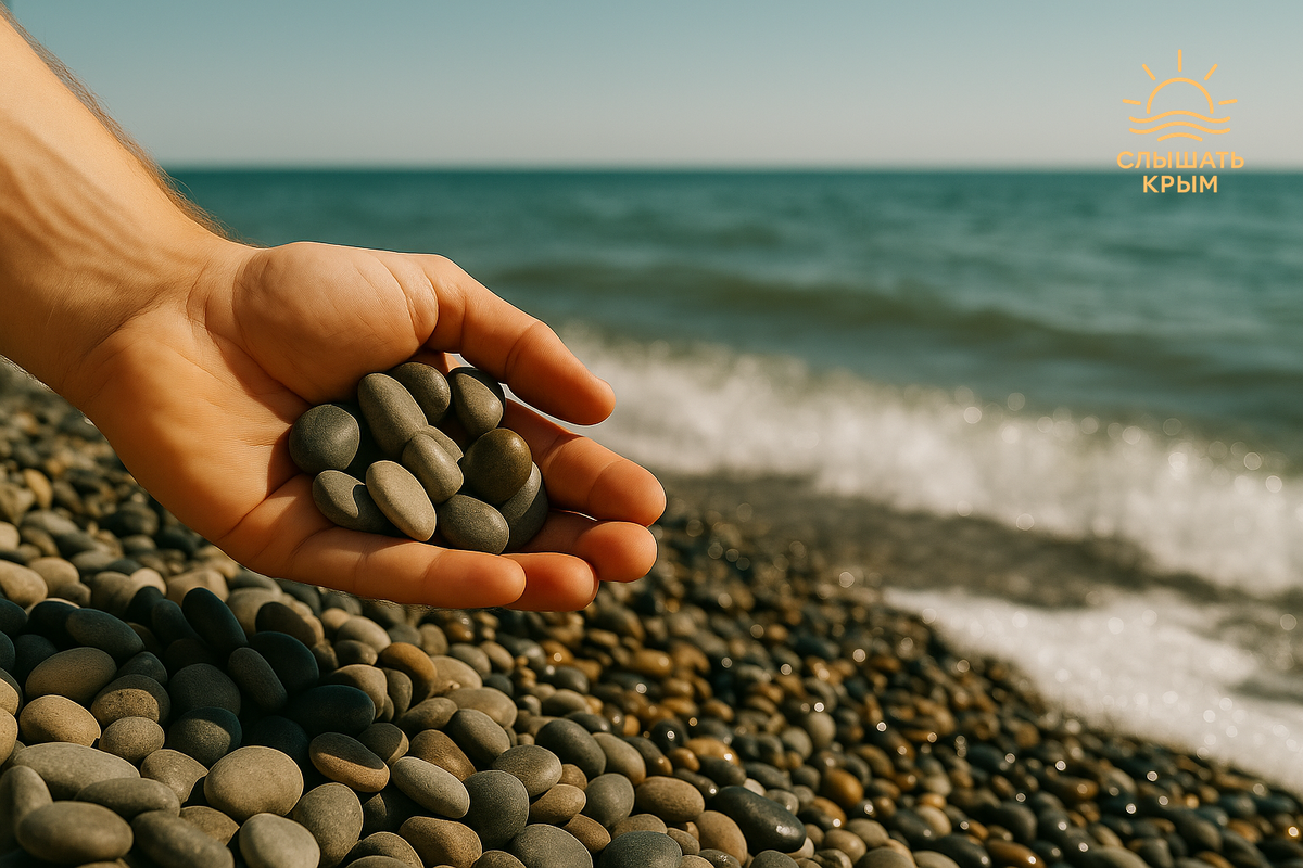 Галька в ладони шуршит, как короткая история лета. Я не вижу её цвета — но различаю тёплую, гладкую, шершавую, прохладную… каждый камешек на ощупь говорит со мной про Крым.