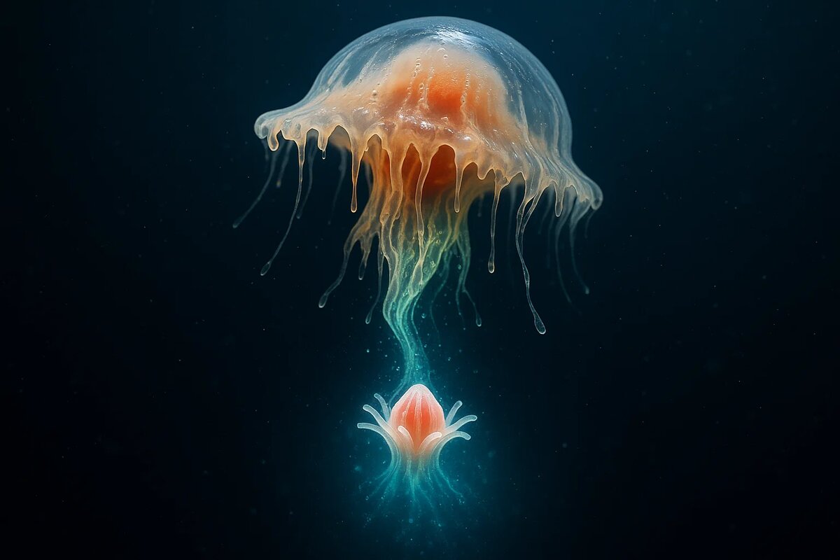 Завораживающий макроснимок величайшей тайны природы. Взрослая медуза в сияющем луче света буквально тает, её тело стекает вниз светящимися потоками. Из этой живой реки времени рождается новый, юный полип — идеальный росток, знаменующий чудо биологического бессмертия и возвращения в детство.