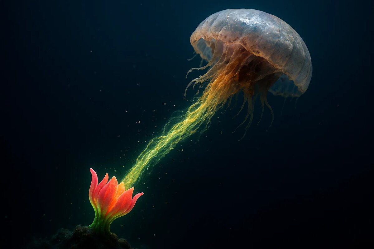 Драматичный момент «ограбления времени». Сморщенная, угасающая взрослая медуза в правом верхнем углу жертвенно отдает свою субстанцию по светящейся «пуповине». В левом нижнем углу из этого потока жизни рождается яркий, новый полип. Это шокирующий контраст увядания и перерождения, нарушающий все законы природы.