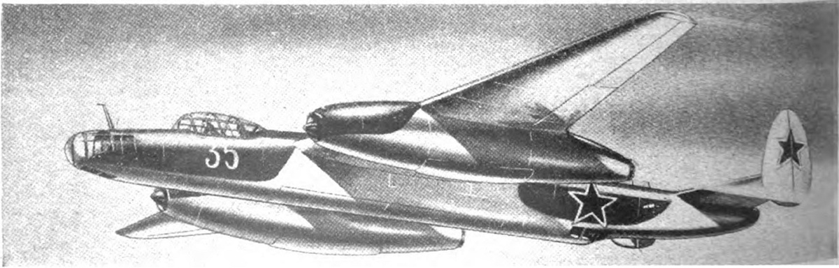 ПОДНИМАЕМ ЗАНАВЕС. На рисунке представлено дальнейшее развитие бомбардировщика T.U.2 [Ту-2; на его базе был создан реактивный бомбардировщик Ту-12, изобразить который попытался автор рисунка – byaklin] с установленными в гондолах турбореактивными двигателями. Максимальная скорость составляет около 450 миль в час (724 км/ч)