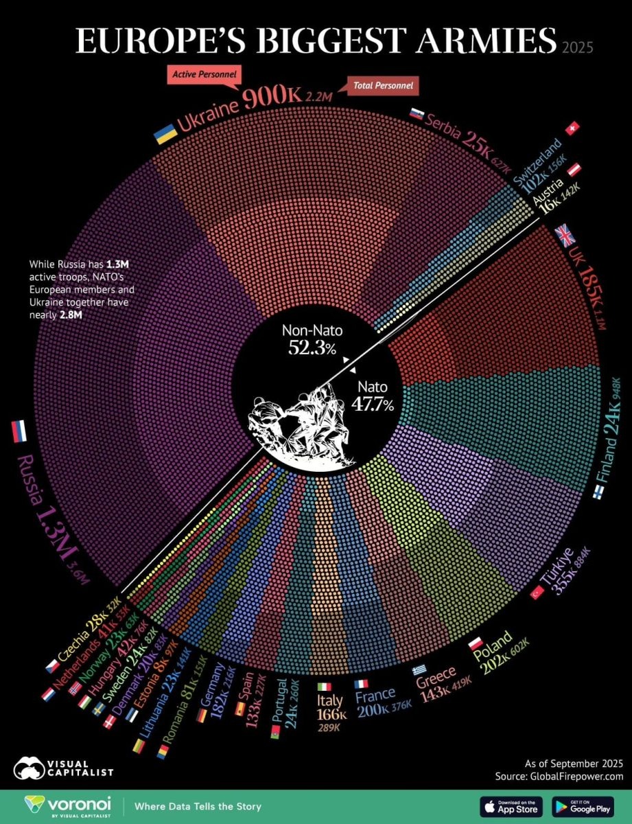    Военный потенциал Европы в 2025 году: крупнейшие армии / © Visualcapitalist