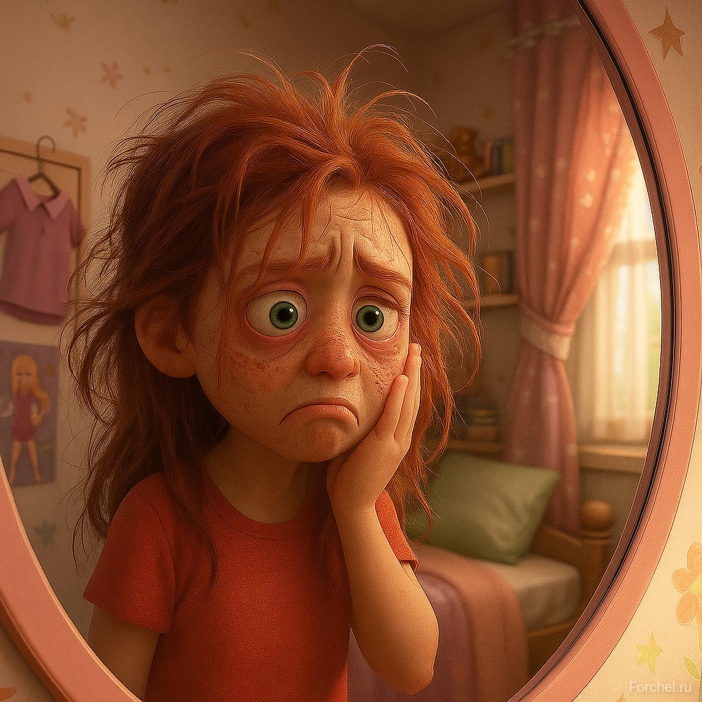 Аня смотрит в зеркало