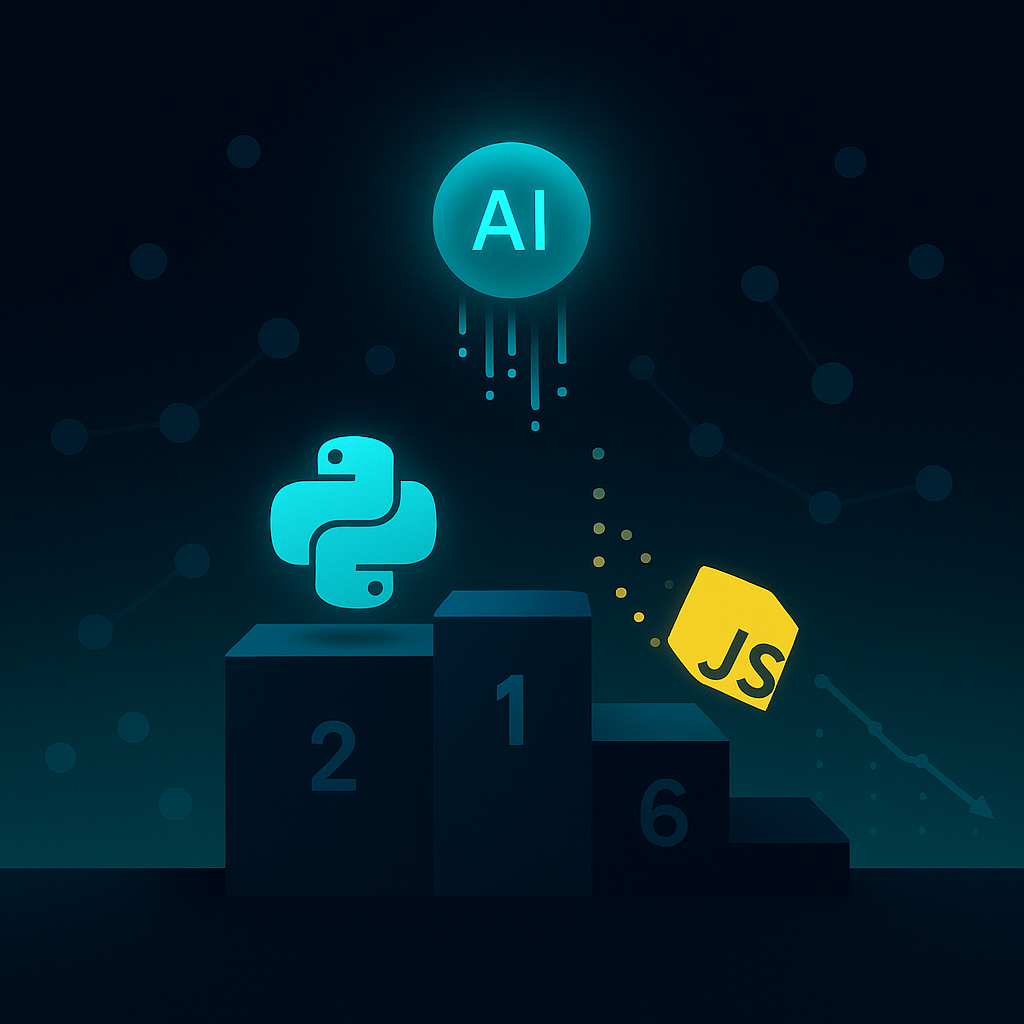 Подиум языков-2025: Python сияет на вершине, символ JavaScript “скатывается” вниз; над сценой — абстрактная сфера ИИ, на фоне — угасающая активность сообщества