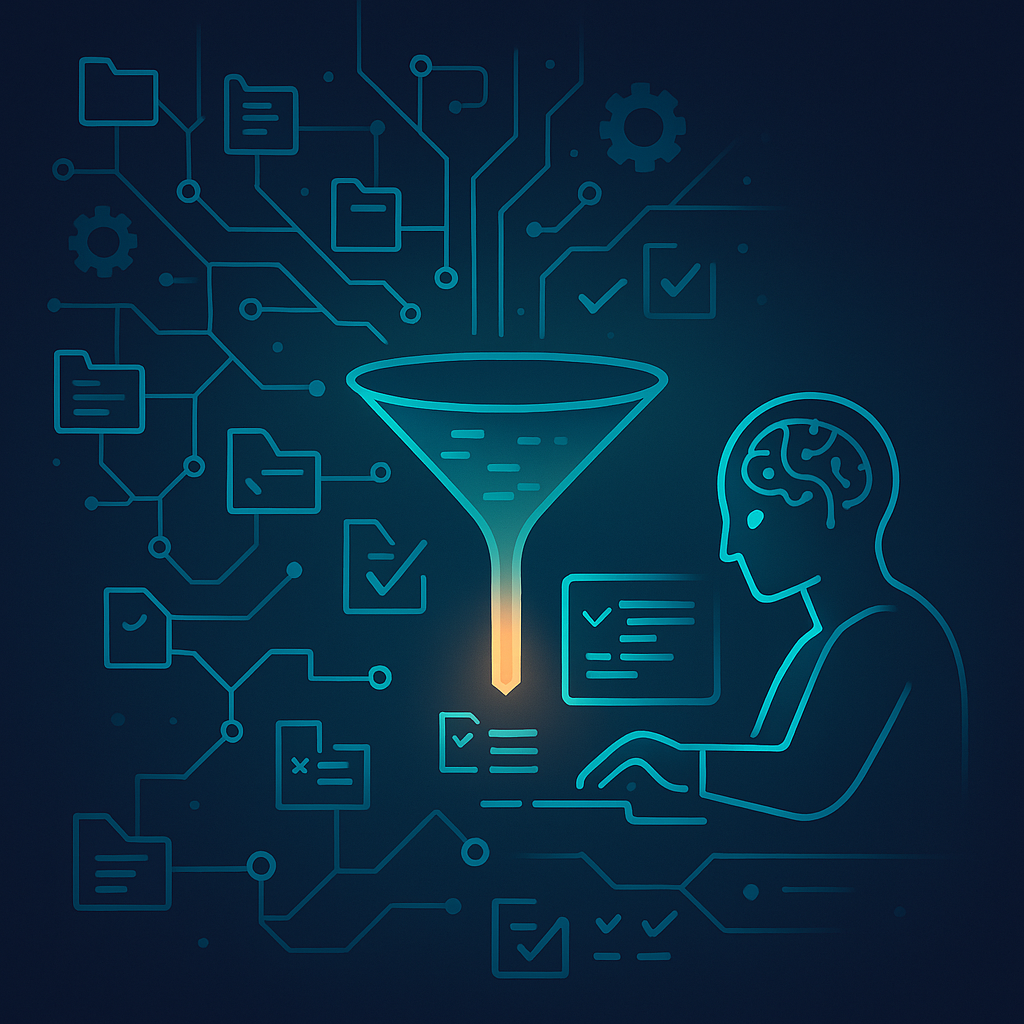 ИИ-агент “сжимает” хаотичную кодовую базу в узкий луч контекста и вносит чистый патч; вокруг — граф коммитов, папки и дифф-блоки. Без текста, неоновые сине-бирюзовые тона с тёплым акцентом луча.