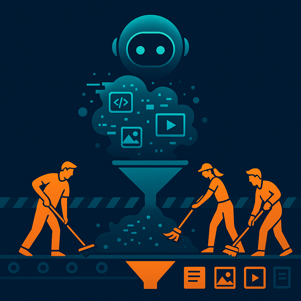 Люди с швабрами на конвейере “отмывают” пиксельную жижу из ИИ и прогоняют её через воронку — на выходе аккуратные блоки текста, картинок, видео