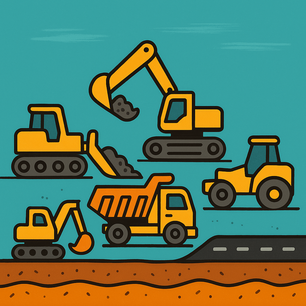 Детская, но точная сцена: экскаватор, самосвал, грейдер и дорожный каток поэтапно строят дорогу — формы мягкие, детали узнаваемые, без лишней фантазии