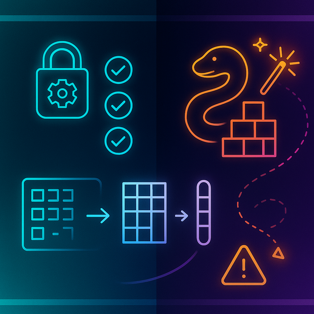 Диптих без текста: слева строгая “типизированная” дорожка — замок, галочки и аккуратная матрица→вектор; справа гибкая змейка ведёт к кубикам-библиотекам и предупреждающему знаку