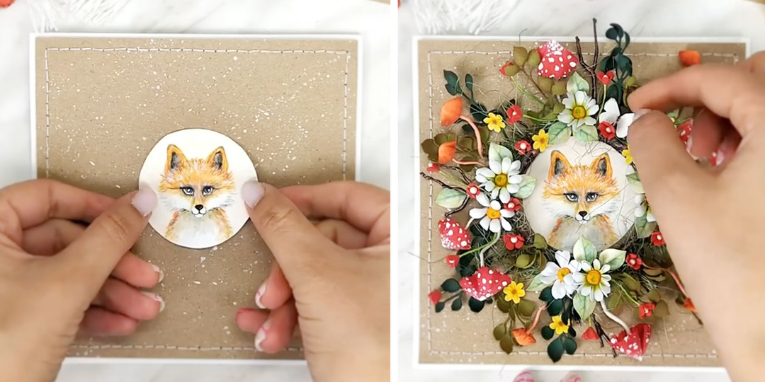 Миниатюрный декор из фоамирана и бумаги превращаю в шикарную открытку с лесной атмосферой. Процесс создания и готовый результат