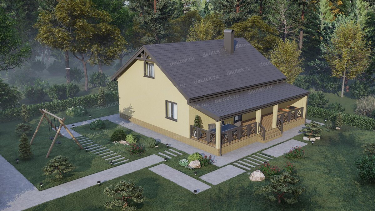 Проект двухэтажного дома 129 м2 с мансардным этажом и террасой