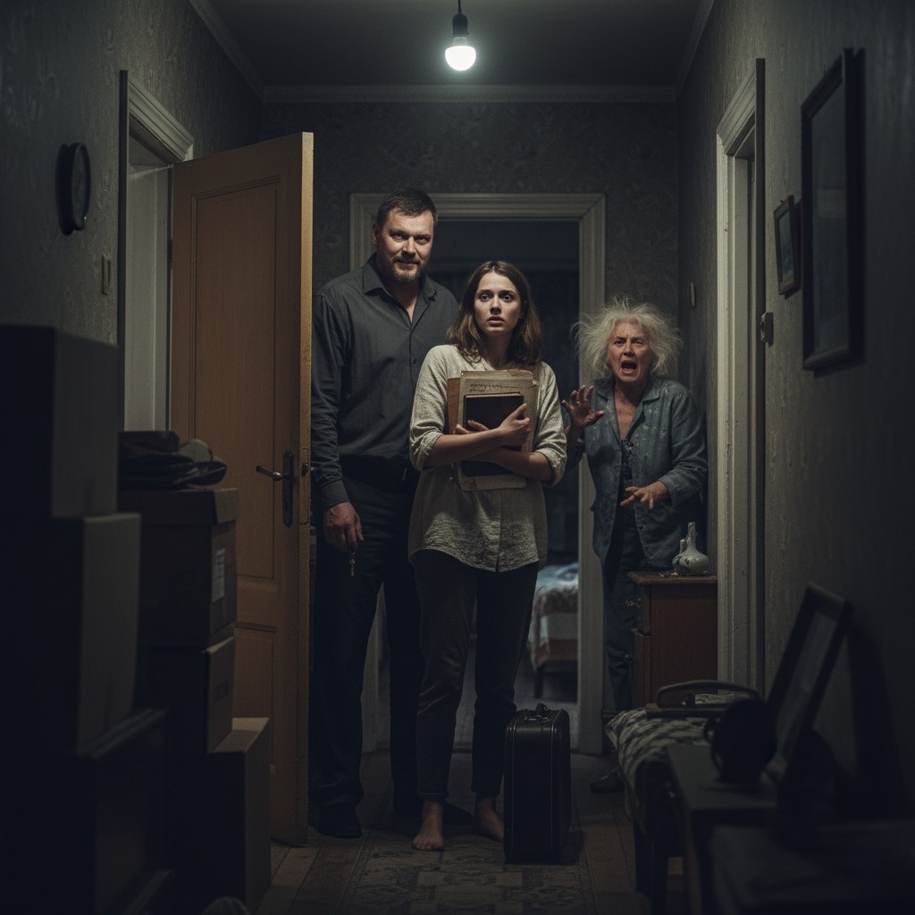 Темный коридор, перепуганная женщина с документами и чемоданом, рядом мужчина с тяжелым взглядом, на заднем плане испуганная пожилая женщина. Атмосфера тревоги.