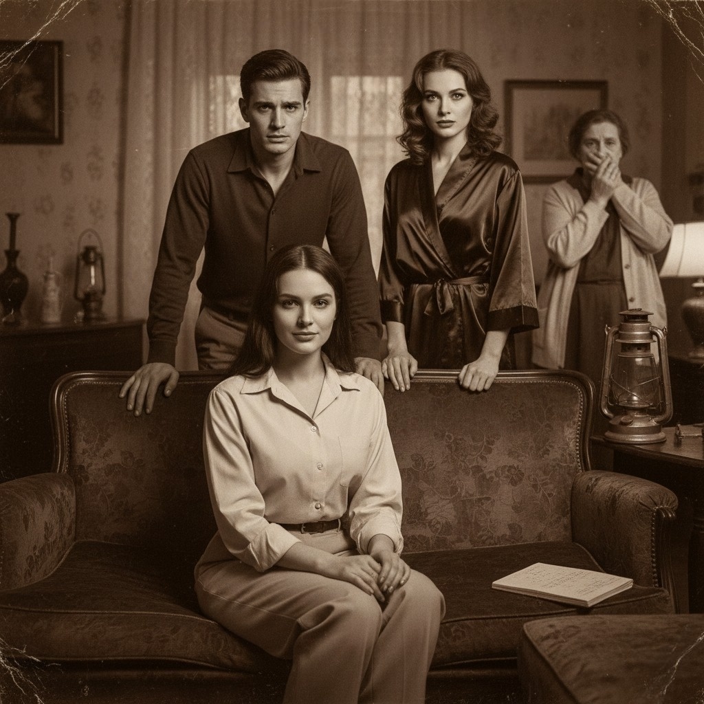 Суть фото в демонстрации сложной, напряженной семейной драмы, где молодая женщина в центре, возможно, столкнулась с предательством или заменой, о чем свидетельствуют напряженные взгляды других персонажей и общий фон старой фотографии, символизирующий прошедшие события.