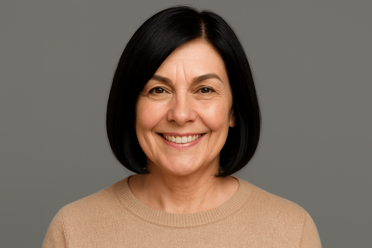 Плотный холодный брюнет без просветов. Лицо выглядит жестче, носогубные линии глубже, объем у корней и по длине потерян. Такой сплошной тон визуально утяжеляет прическу и добавляет возраст.