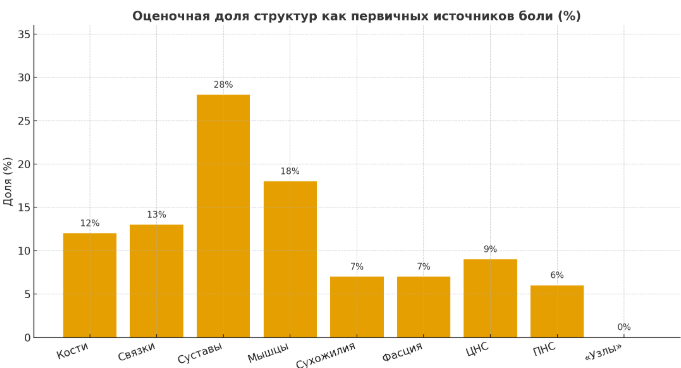 Кости — 12%

Связки — 13%

Суставы — 28%

Мышцы — 18%

Сухожилия — 7%

Фасция — 7%

ЦНС — 9%

ПНС — 6%

«Узлы» — 0% (концепция недоказана; включил для наглядности как нулевую долю)