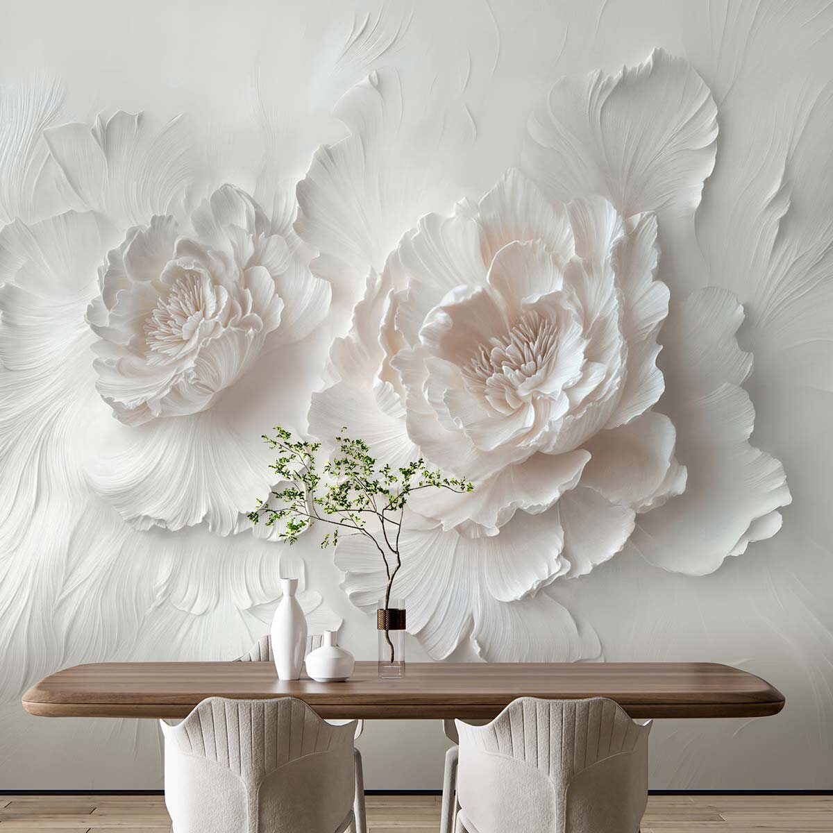 Пример оформления стены флизелиновыми фотообоями VEROL с крупным цветочным рисунком. Артикул на WB: 418502059.