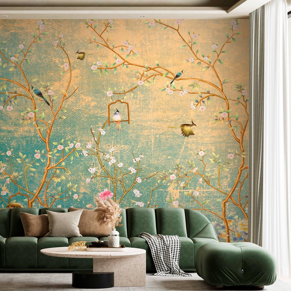 Пример интерьера в зелёной гамме. Отделка стен - флизелиновые фотообои VEROL. Артикул на WB: 144645391.