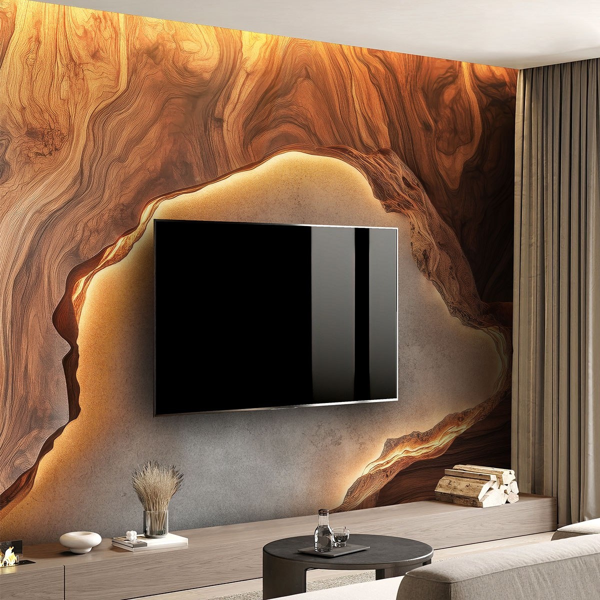 Пример оформления стены флизелиновыми фотообоями VEROL в сочетании оранжевого и жёлтого. Артикул на WB: 307849241.