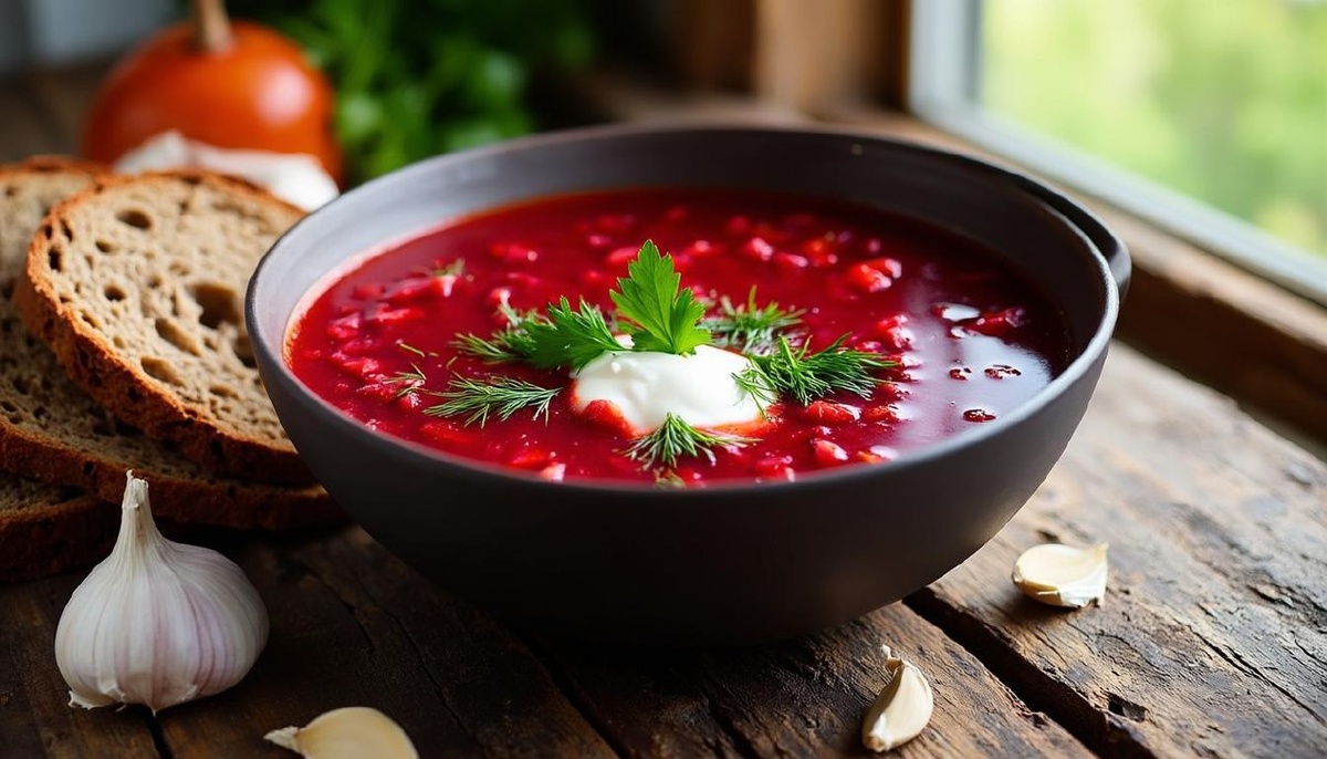 Тарелка борща со сметаной и зеленью, рядом ржаной хлеб и чеснок