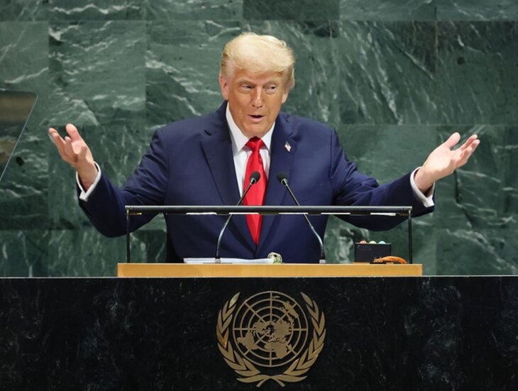     Выступление Трампа на трибуне ГА ООН, 23 сентября 2025 года. Источник: rev.com.