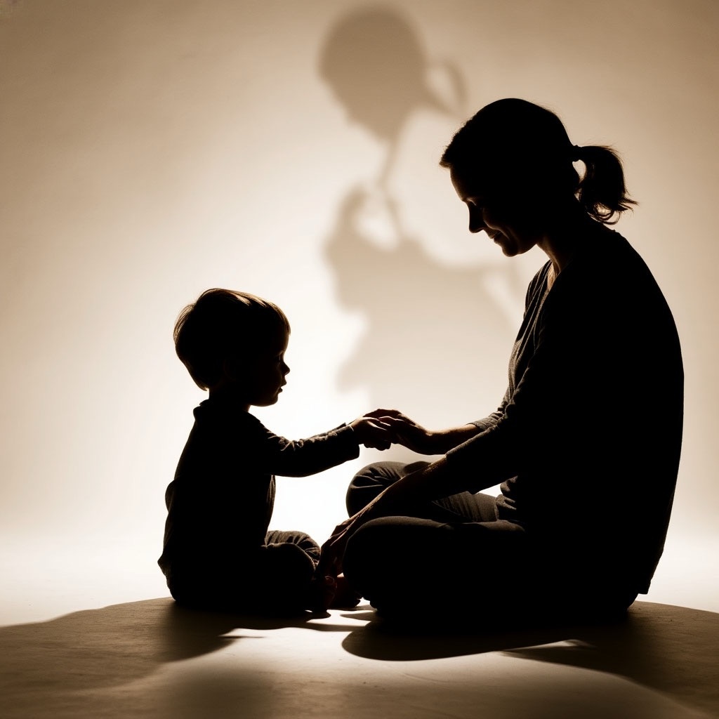 Силуэт ребенка, сидящего на полу и играющего. Рядом большая, но мягкая тень взрослого, создает ощущение безопасности.