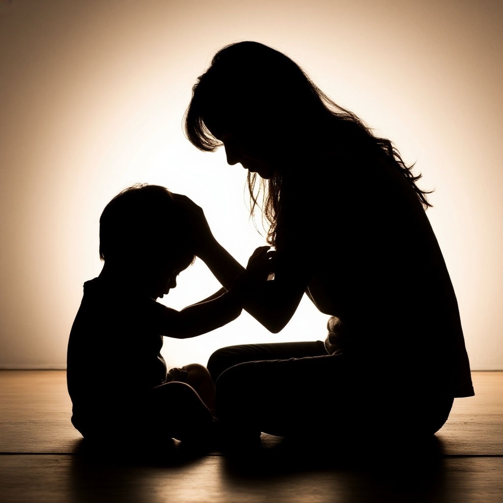 Тень резко меняет форму. Она не просто большая, она агрессивно нависает над ребенком, ее контуры становятся острыми, угрожающими. Силуэт ребенка сжимается.