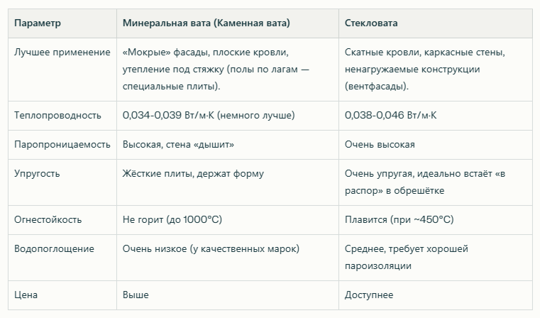 Сравнительная таблица Минваты и Стекловаты