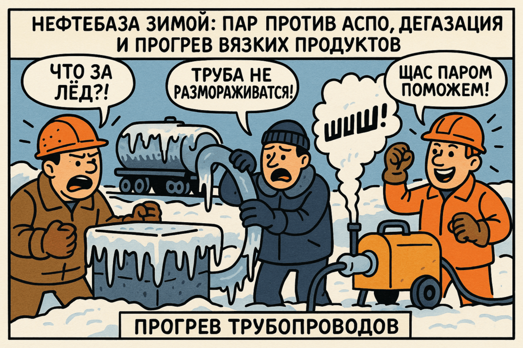    На изображении показан процесс дегазации и прогрева вязких продуктов на нефтебазе зимой.