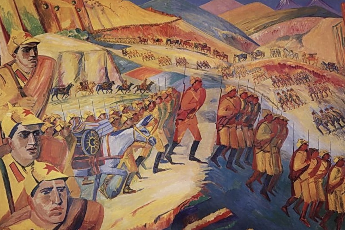 Мартирос Сарьян, «Горный марш армянских частей». 1933 год. Холст, масло. 200 × 290 см. Центральный музей Вооруженных сил, Москва. 