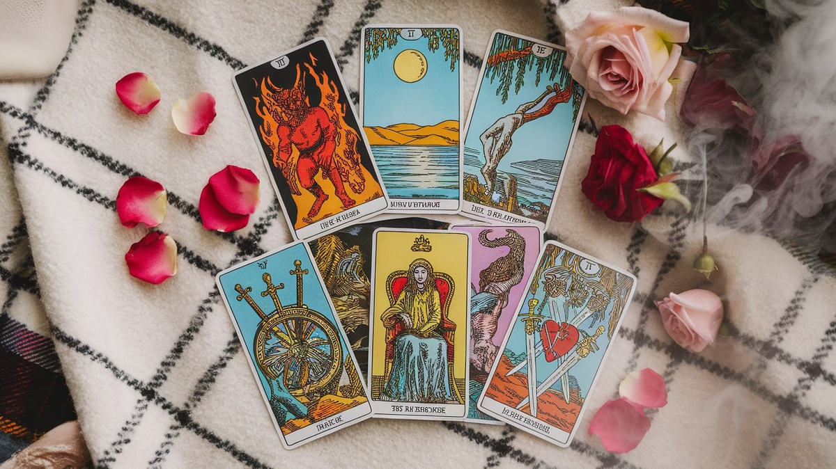 Дьявол, Луна, Повешенный, Тройка Мечей, Колесо Фортуны, Императрица, Десятка Мечей. 