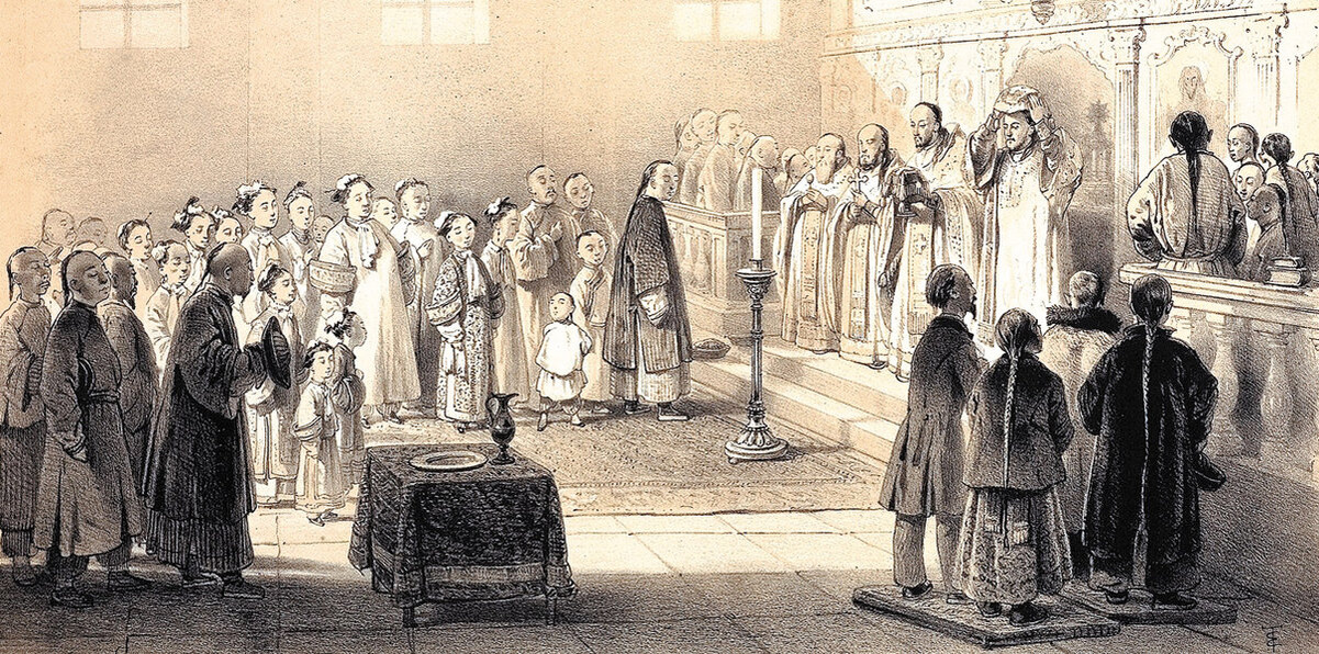 Албазинцы на литургии в храме Русской духовной миссии в Пекине. Рисунок сделан с натуры "рисовальщиком" миссии Иваном Чмутовым в 1850-е годы.