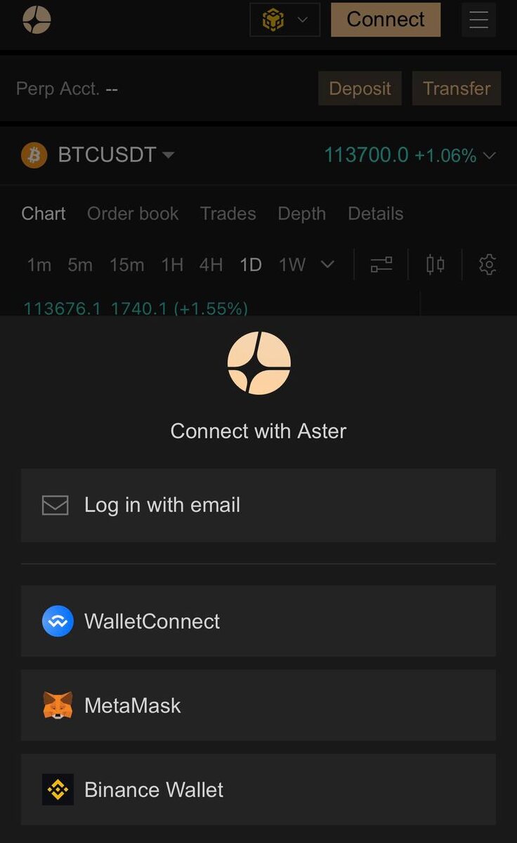 Процесс регистрации на Aster DEX