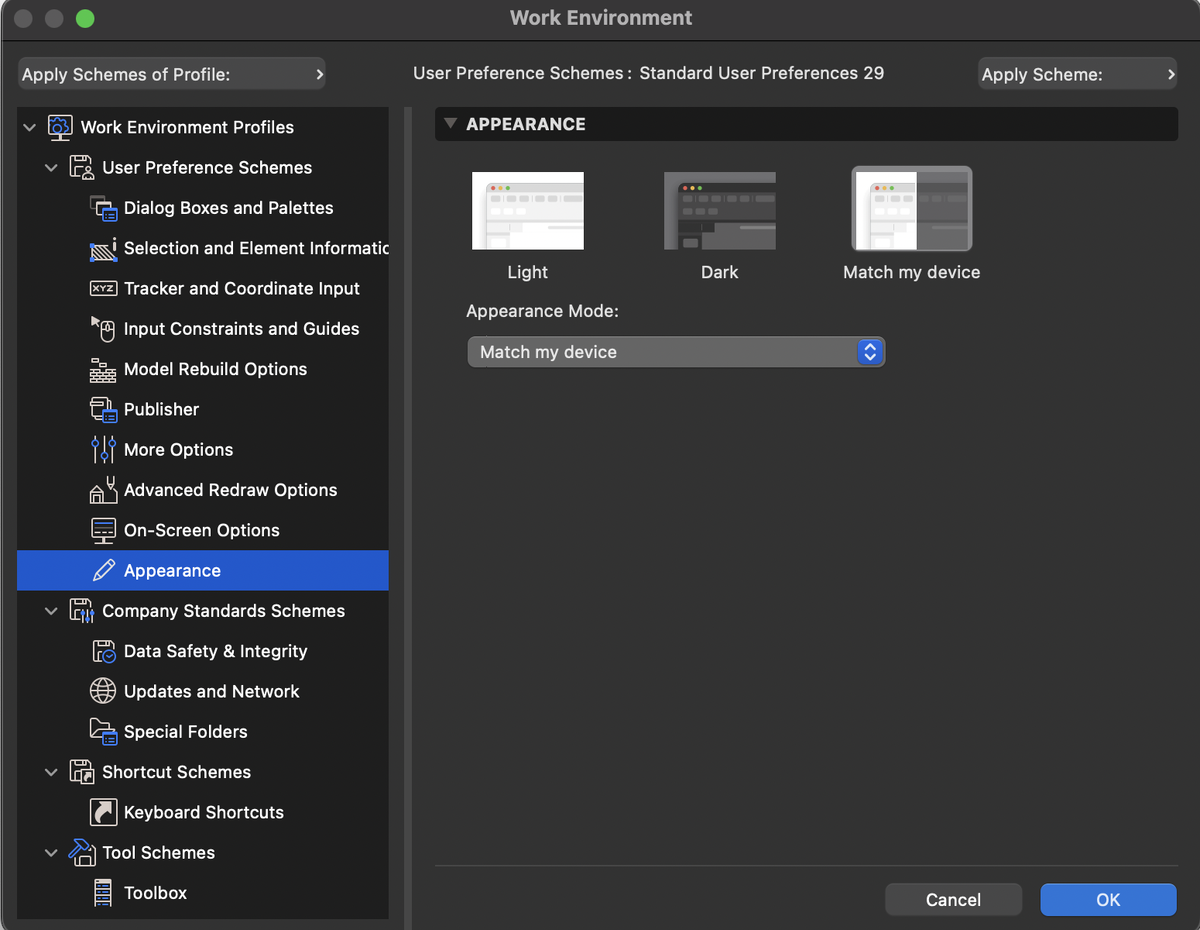 Тёмная тема Archicad в macOS