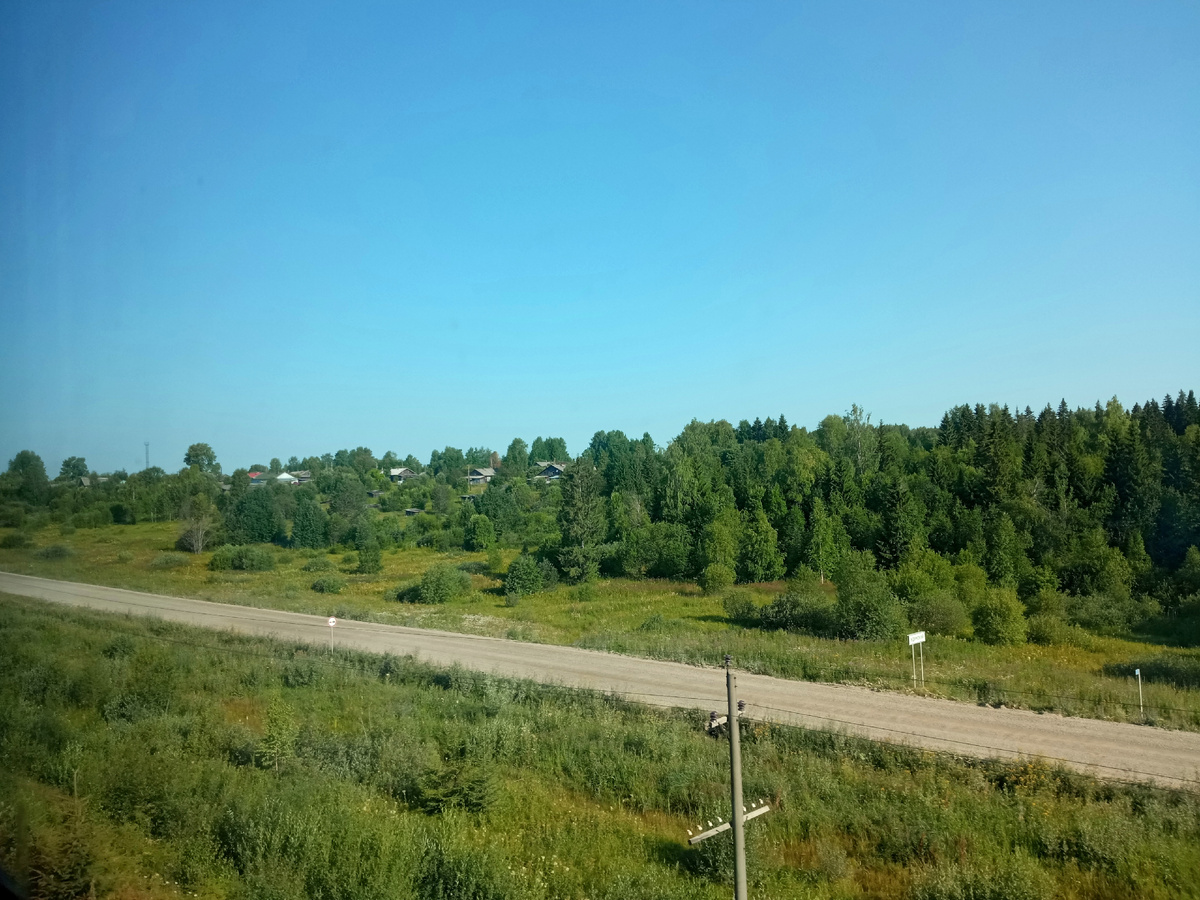 Вид из окна вагона на дорогу в поселок Удима