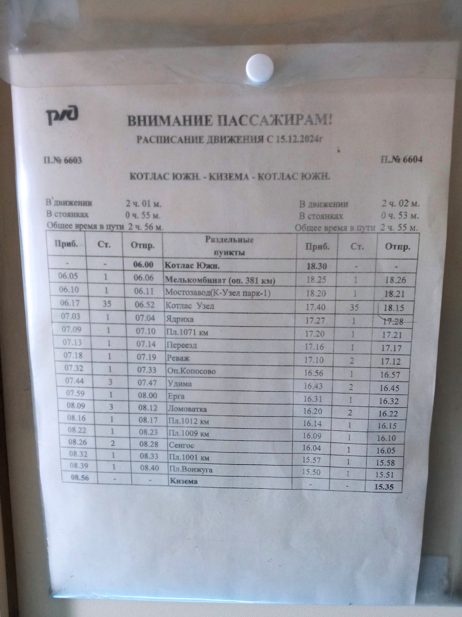 Расписание пригородных поездов Котлас-Южный – Кизема