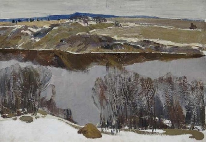 Герман Татаринов. Весенние берега. 1974. Картон, масло. 47 х 68. Мышкинская картинная галерея