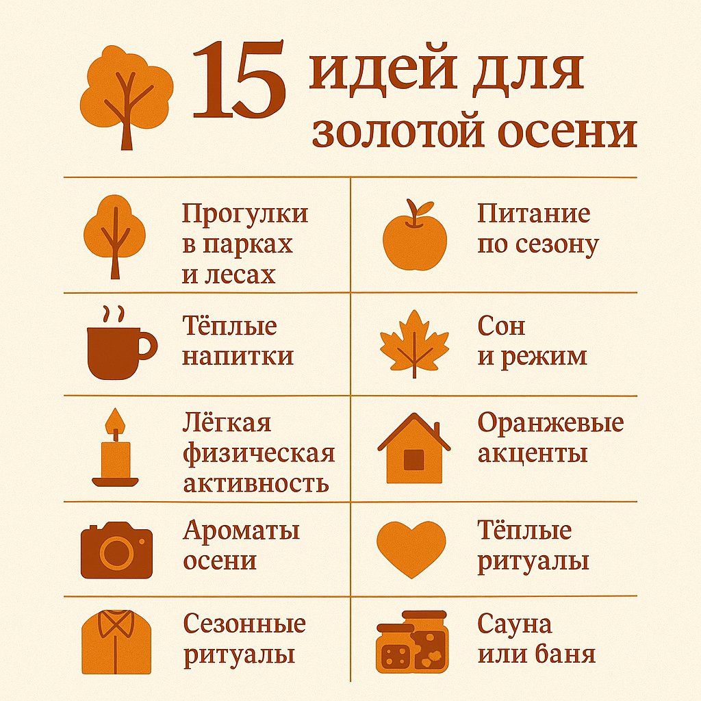 Как пережить осень без хандры? Что добавить в питание, чем украсить дом и какие ритуалы помогают нашему телу и душе? 10 проверенных идей для золотой осени — от прогулок до ароматов уюта.
