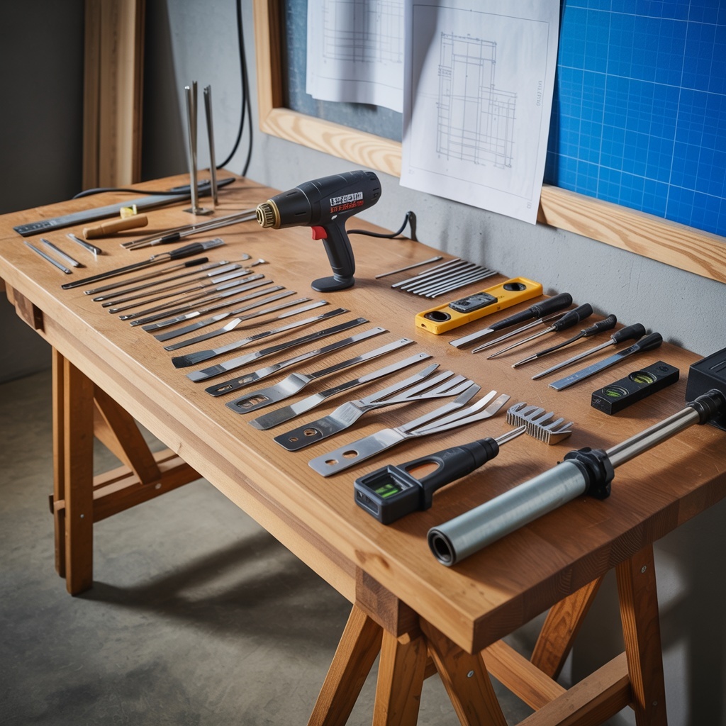 Профессиональный набор инструментов для монтажа натяжных потолков разложенный на рабочем столе