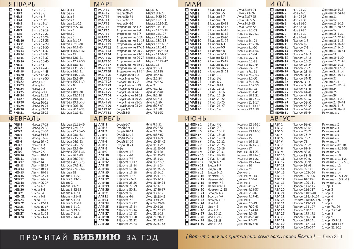Подобные планы "Библия за год" можно легко найти в интернете. Правда минус их в том, что они не включают в себя т.к "неканонические книги"