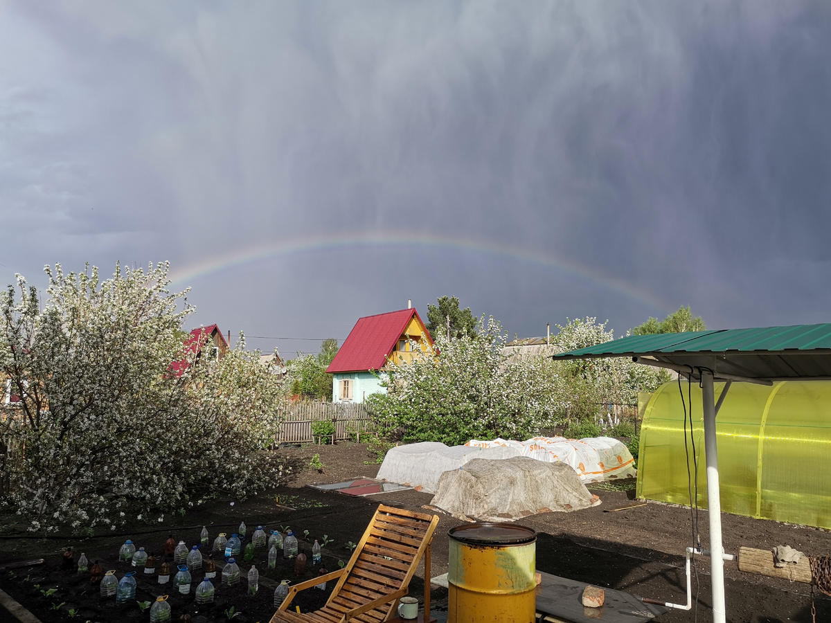 Радуга над нашими дачными домиками. Такая красивая в реальности, а на фото уже такого вида нет.