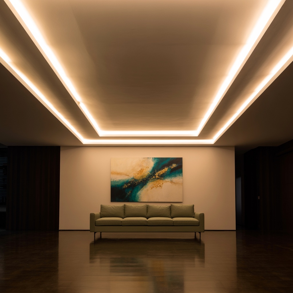Современная гостиная с натяжными потолками и LED-подсветкой - пример парящего светового дизайна