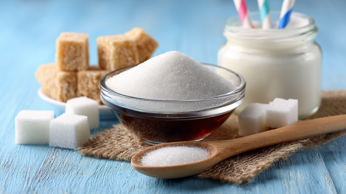 "Разные виды сахара на столе — наглядное напоминание о том, как углеводы напрямую влияют на уровень сахара в крови."