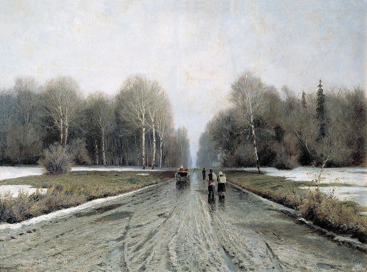 Ранняя весна. 1885, Холст, масло. 74 x 105 Госудаpственный Владимиpо-Суздальский истоpико-аpхитектуpный и художественный музей-заповедник
