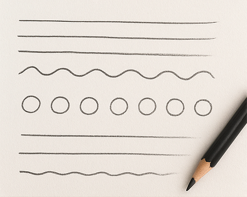 Ряды линий и кругов карандашом — упражнение для начинающих художников, тренировка руки и базовых форм.