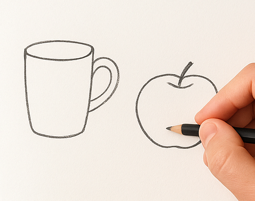 Рисунок кружки и яблока — простые предметы для обучения основам рисования с натуры