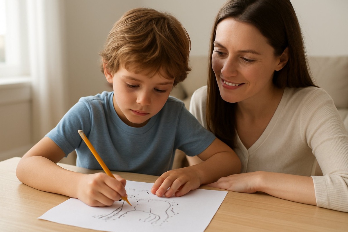 Сын играет в Соедини по точкам