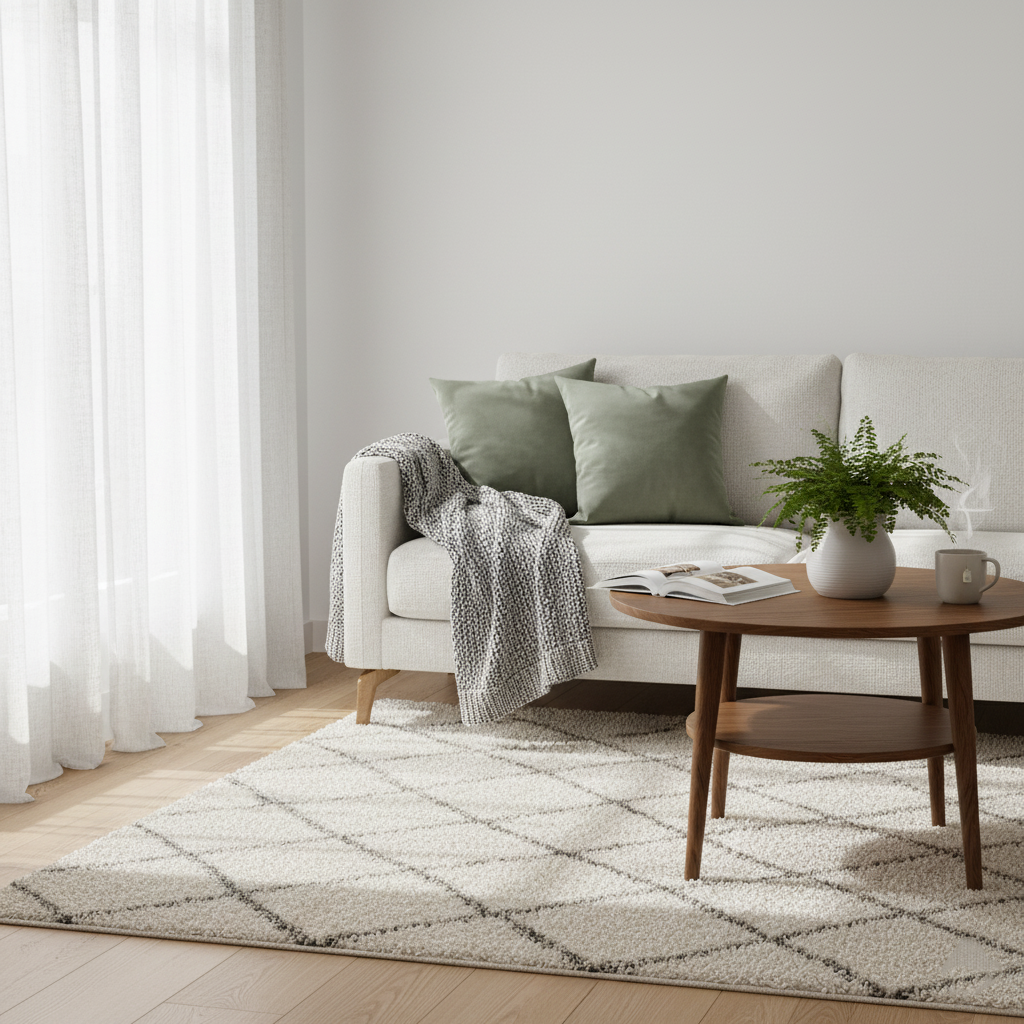 Идеальное сочетание базовых цветов. Белая стена отражает свет, серый диван задает спокойный тон, а деревянный пол и столик согревают пространство