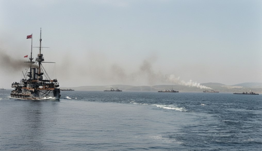 Английский линкор «Маджестик» покидает гавань Мудроса во время Галлиполийской операции. Через несколько недель он будет потоплен немецкой подводной лодкой.